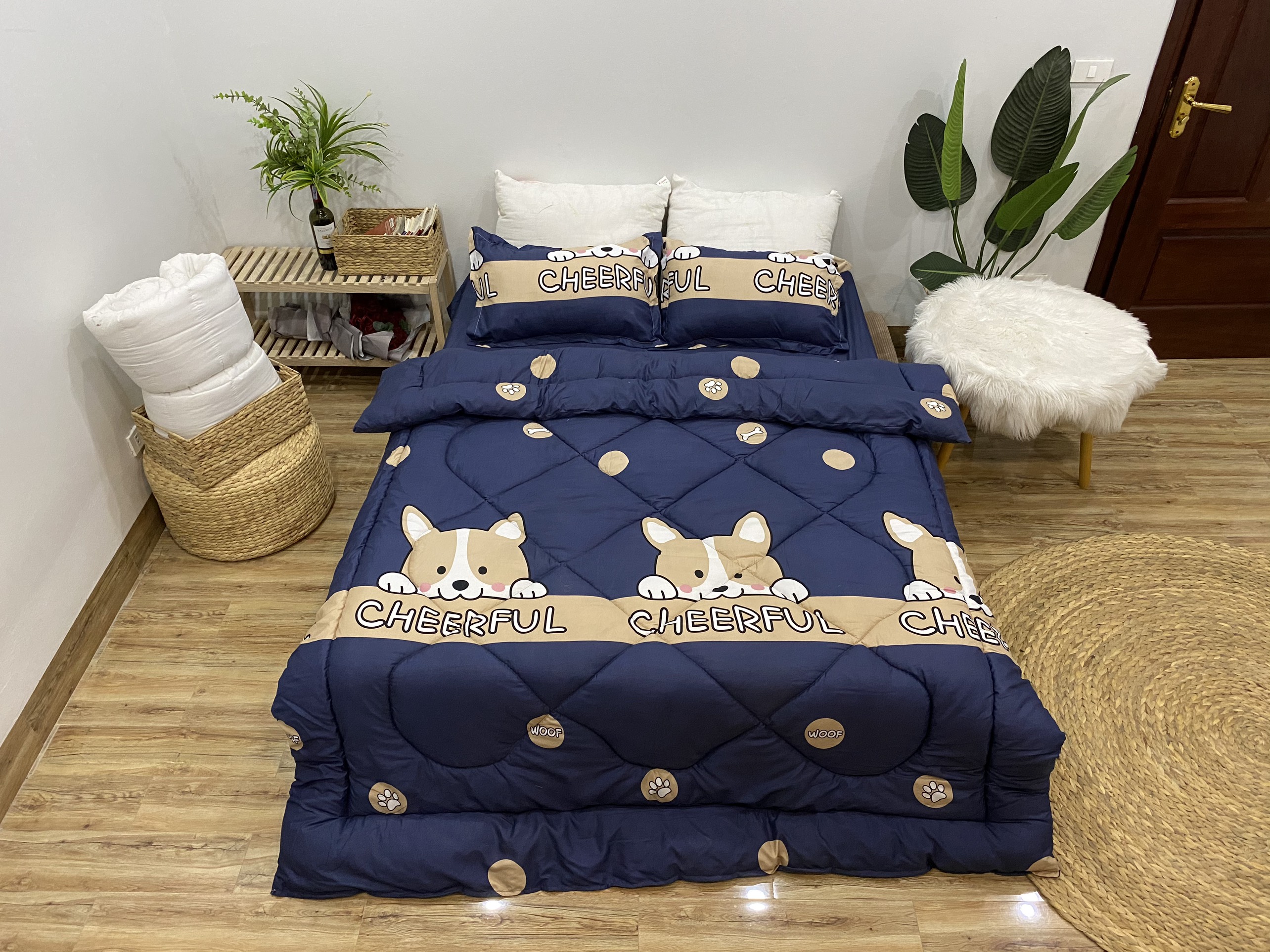 Bộ Chăn Ga Gối Hè Thu 5 Món Mẫu Cún Nền Xanh CHM28 ( Gồm 1 Chăn Hè, 1 ga bo chun,2 vỏ gối nằm và 1 vỏ gối ôm)