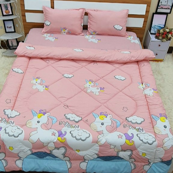 (DEAL SỐC) 💫 Bộ chăn phao, ga gối cotton poly mẫu Ngựa pony hồng, đủ kích thước 1m6,1m8, 2m2, 1m2 ch