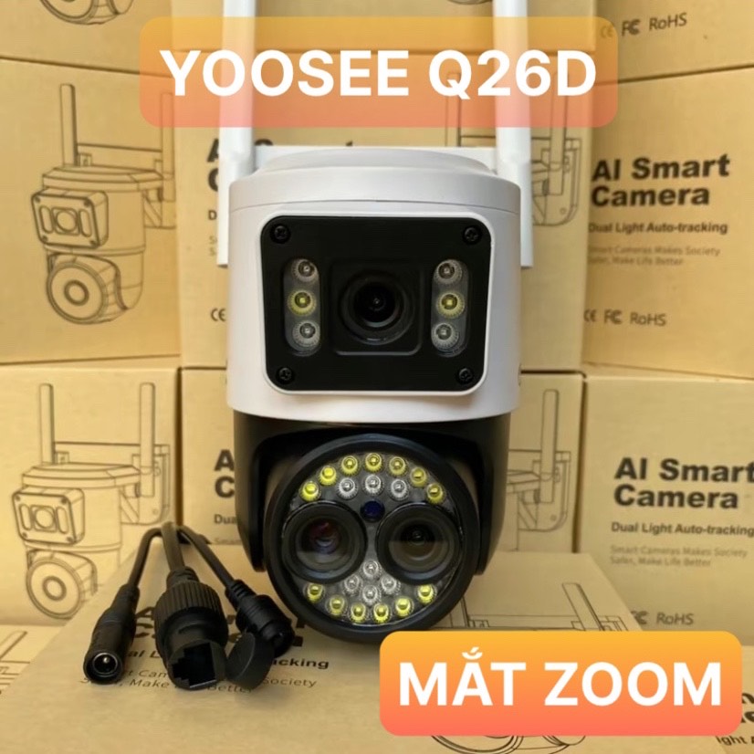 CAMERA YOOSEE Q26D 3 MẮT 2 KHUNG HÌNH NGOÀI TRỜI MẮT ZOOM PHÓNG TO CAMERA YOOSEE 360 ĐỘ ZOOM phóng to CAMERA 3 MẮT YOOSEE XEM 2 KHUNG HÌNH CHỐNG NƯỚC CAMERA 360 ĐỘ HÌNH ẢNH RÕ NÉT QUAY ĐÊM CÓ MÀU với Đèn Led chiếu sáng