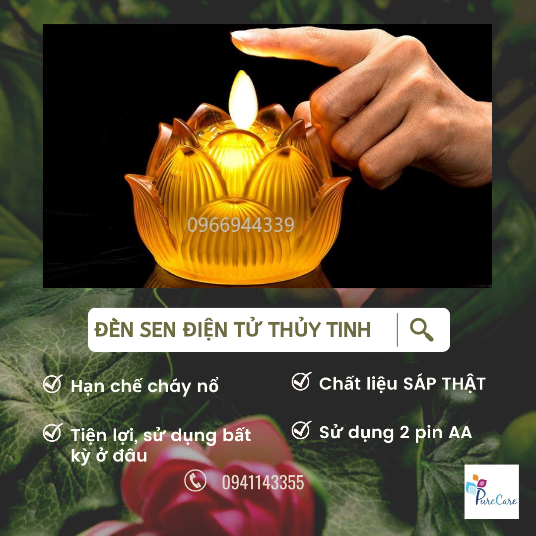 Đèn LED không tắt Nến điện tử Hoa sen pha lê dùng trang trí thờ cúng lung linh như thật, chạy bằng pin Bộ 1 cái, Không gồm pin