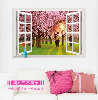 Decal tranh dán tường cửa sổ khung cảnh hoa anh đào