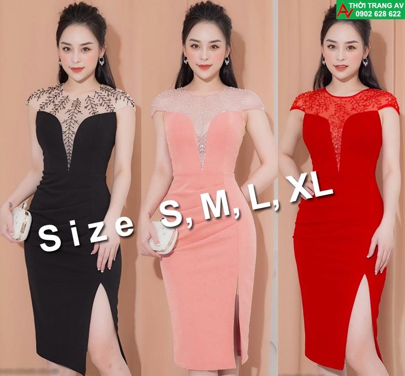 Đầm ôm body xẻ đùi phối lưới trước ngực đầy gợi cảm - AV6238