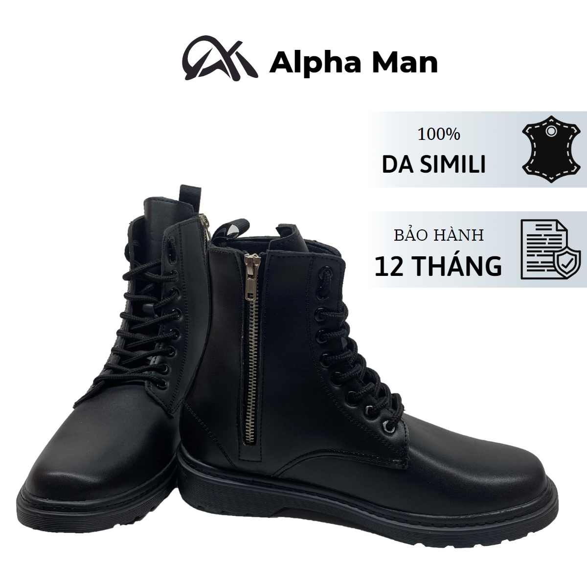 Giày Nam Cổ Cao Màu Đen Trơn, Giày Alpha Boots Cao Cổ Đế Cao Su- MC02