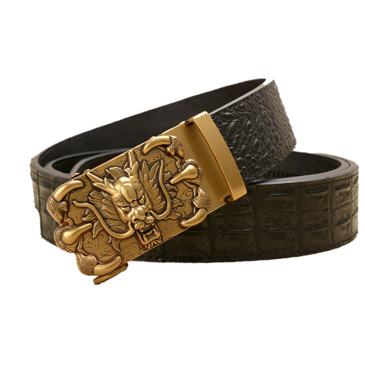 Thắt lưng nam  chất liệu da công nghiệp hình vân vảy cá sấu - đầu khóa kim loại hình mặt rồng.