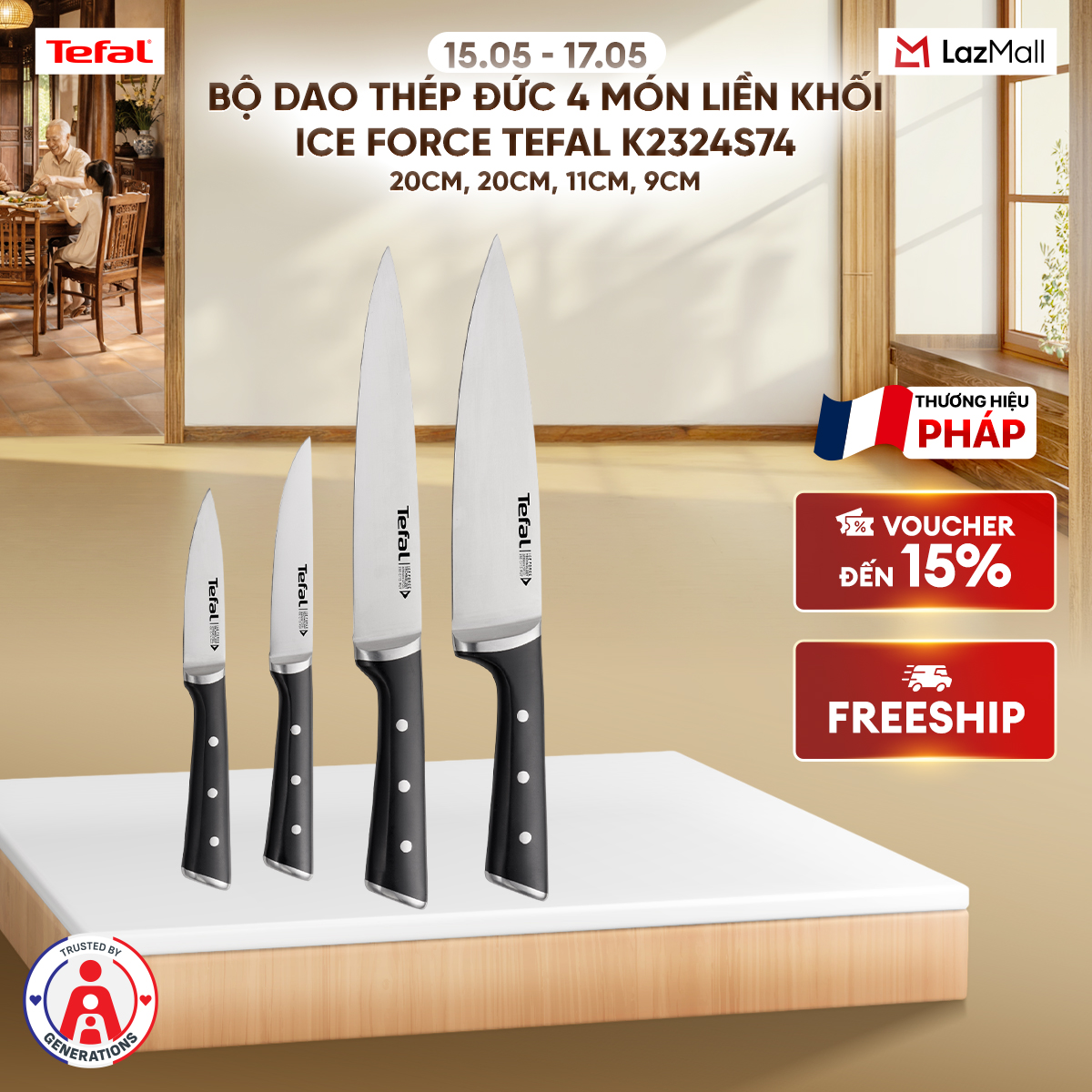 Bộ dao thép Đức 4 món liền khối Ice Force Tefal K2324S74 (20cm, 20cm, 11cm, 9cm)
