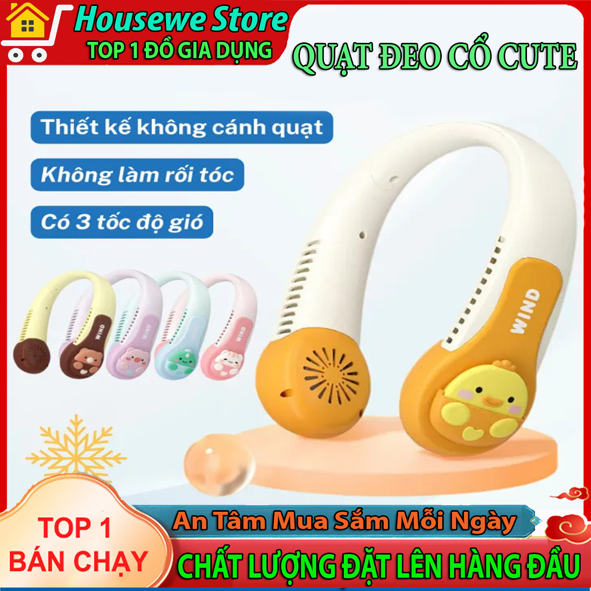 Quạt đeo cổ mini WIND không cánh hình thú cute, Quạt đeo cổ siêu mát pin trâu, Quạt quàng cổ không cánh, Quạt mini sạc tích điện 3 cấp độ gió êm ái, Quạt treo cổ cute