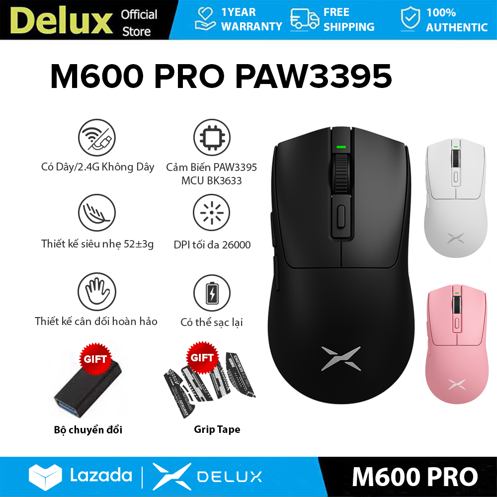 Delux M600 PRO Wired & Wireless Rechargeable Gaming Mouse DPI MAX 26000 2.4G Wireless PAW3395 52g Superlight weight Mass-centralized Design for PC/Laptop/Windows