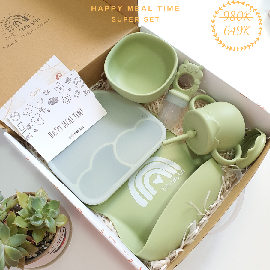 Set quà tặng đầy tháng - dụng cụ ăn dặm silicon bạch kim- happy meal time - super 5 món