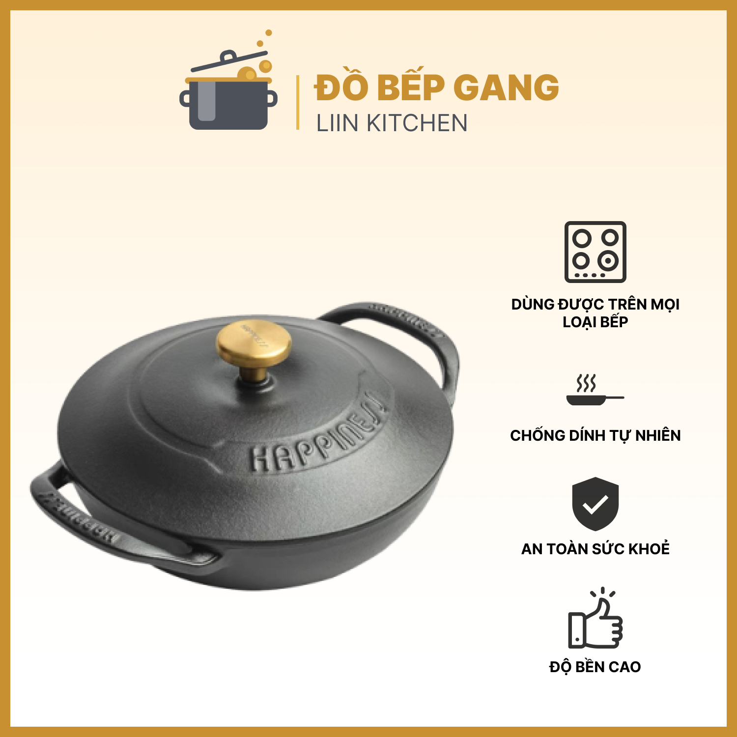 Nồi gang happiness kho thịt cá, nồi gang nguyên khối chống dính dùng được trên bếp từ liinkitchen