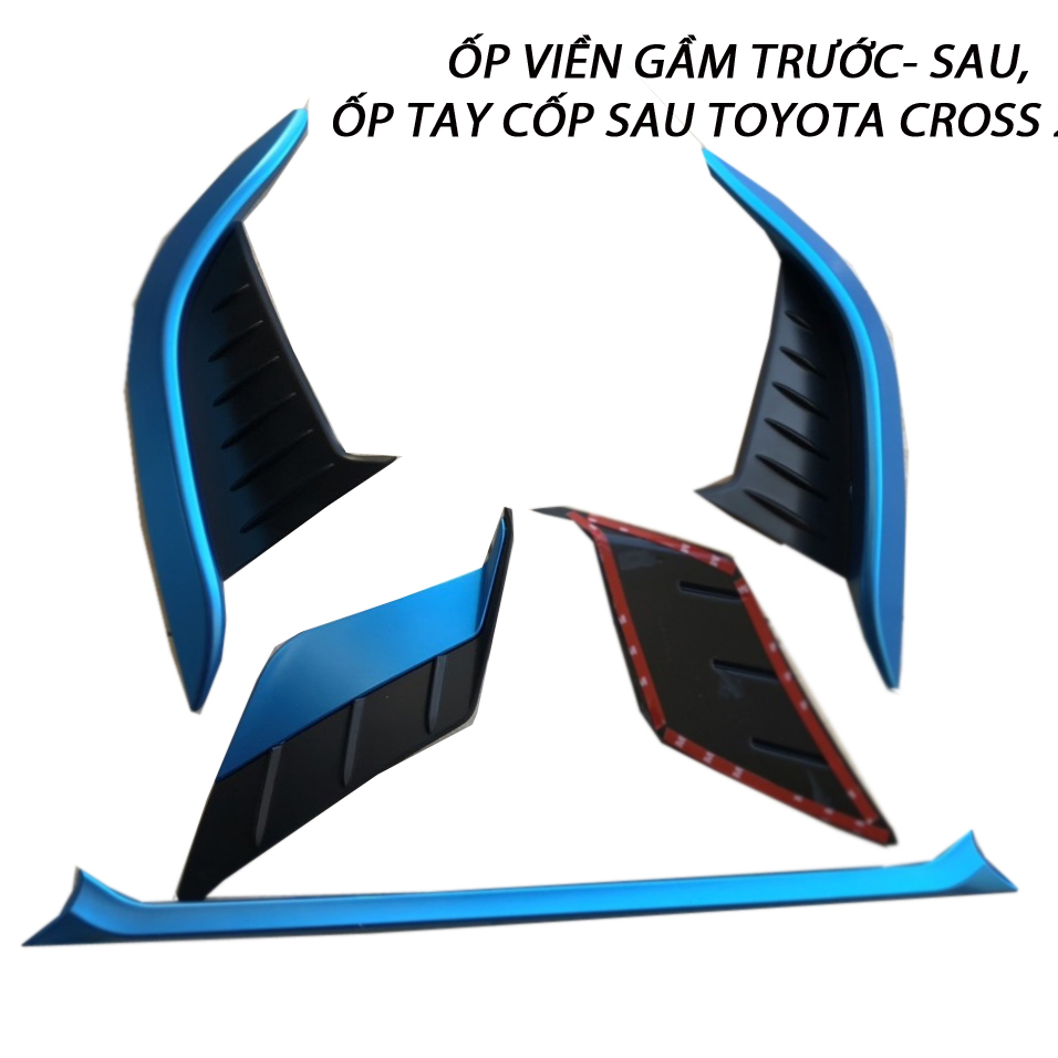 Combo ốp viền đèn gầm trước, sau, ốp tay mở cốp sau Toyota Cross 202 mau xanh, mạ crom