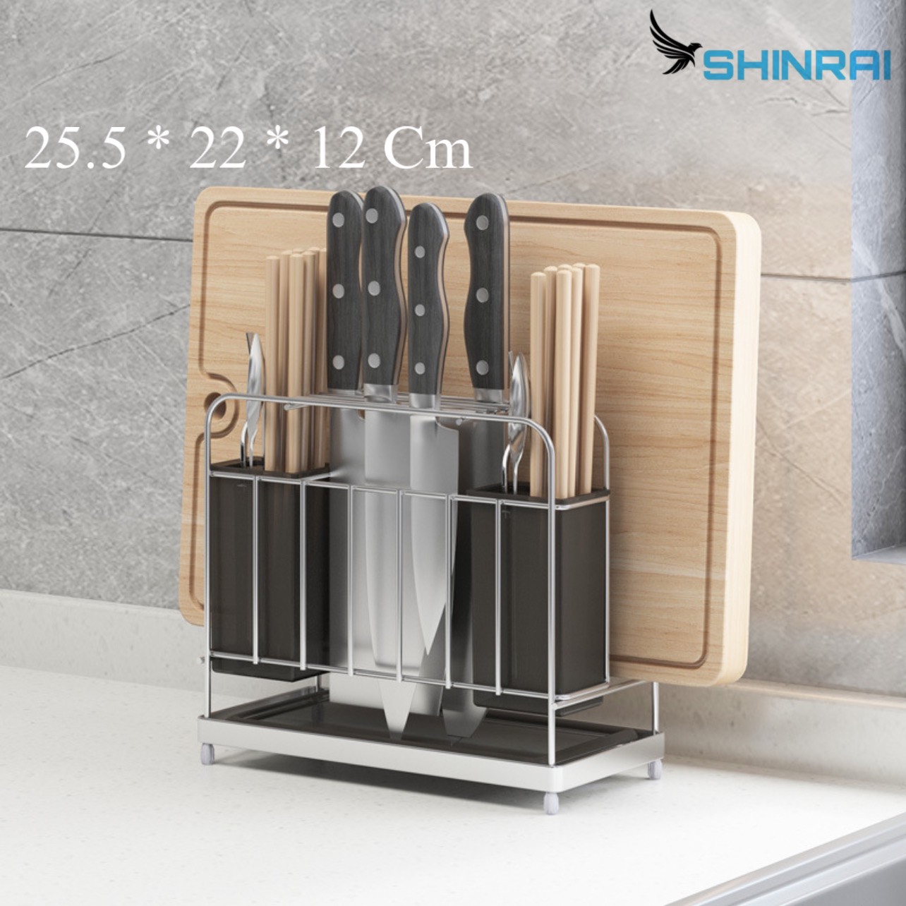 Giá Để Dao Thớt , 2 Ống Đựng Đũa INOX SUS304 Có Khay Hứng Nước Bằng Nhựa ABS 2 OD SHINRAI