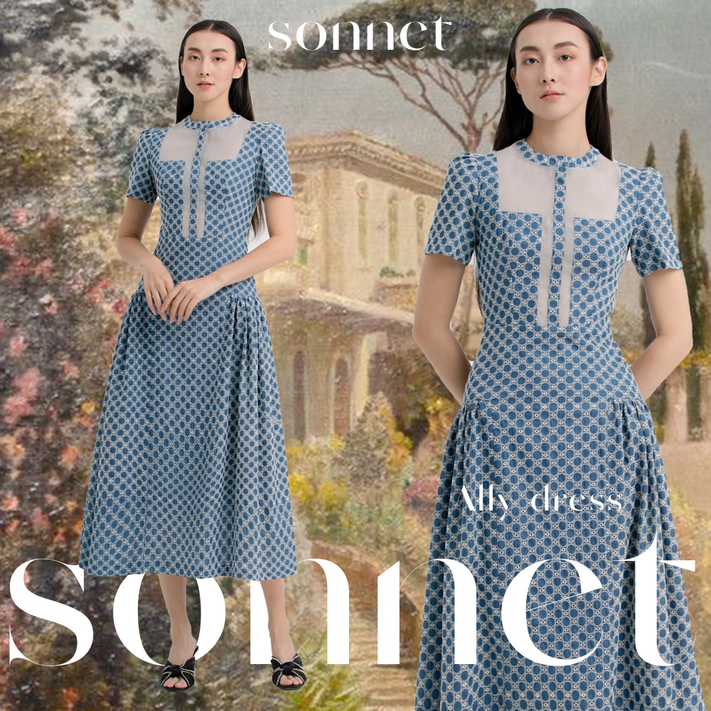 Đầm denim dài ôm body nhún hông hạ eo ally dress, váy dài chân xoè sonnet, phối vải độc đáo