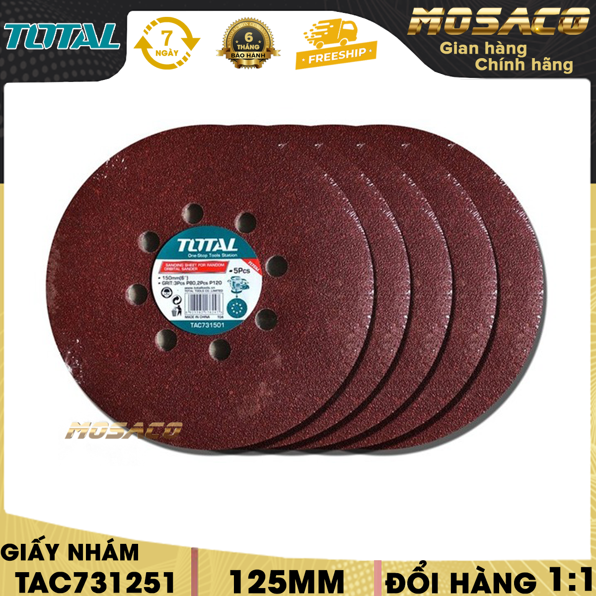Giấy nhám tròn 125mm TOTAL TAC731251 đường kính 125mm. Giấy nhám total, gồm 3 cái P80 và 2 cái P120 (5cái/bộ), đóng gói bằng thẻ giấy, dùng cho máy chà nhám model TF2031256 - 80/T - MOSACO