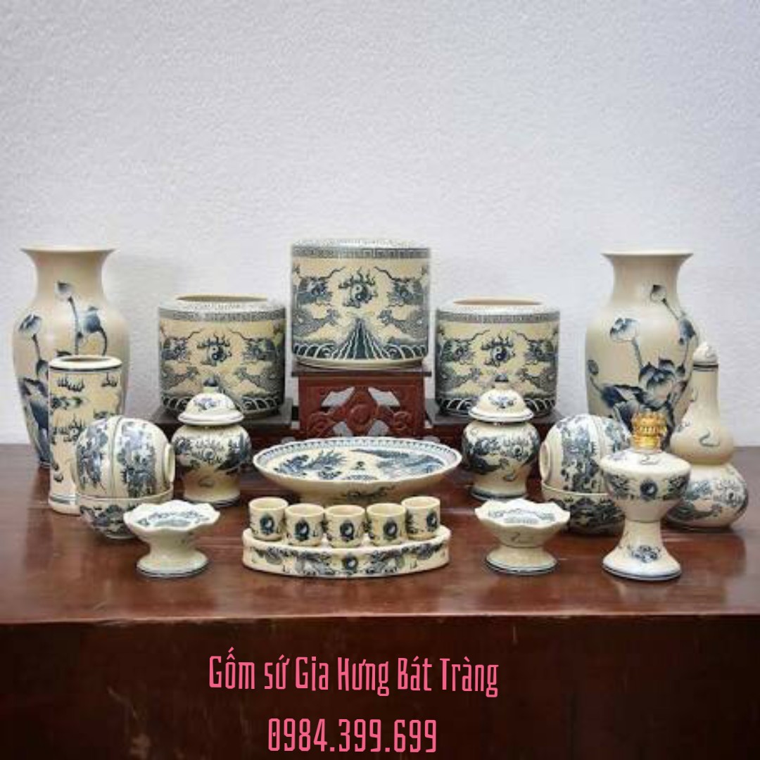 Bộ đồ thờ men rạn cổ vẽ rồng phượng gốm sứ Bát Tràng
