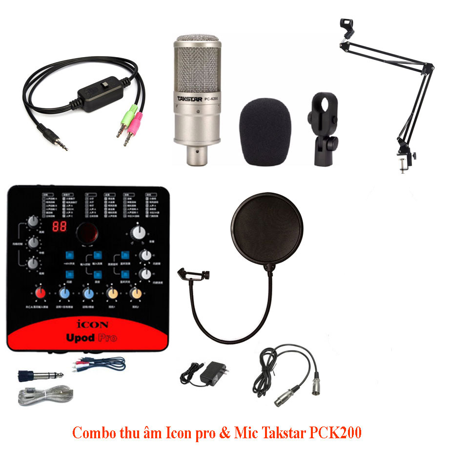 Combo micro thu âm livestream Takstar PC K200 và Sound card Icon Upod Pro kèm màng lọc kẹp mic dây MA2 tặng kèm tai nghe nhét tai và giá đỡ điện thoại