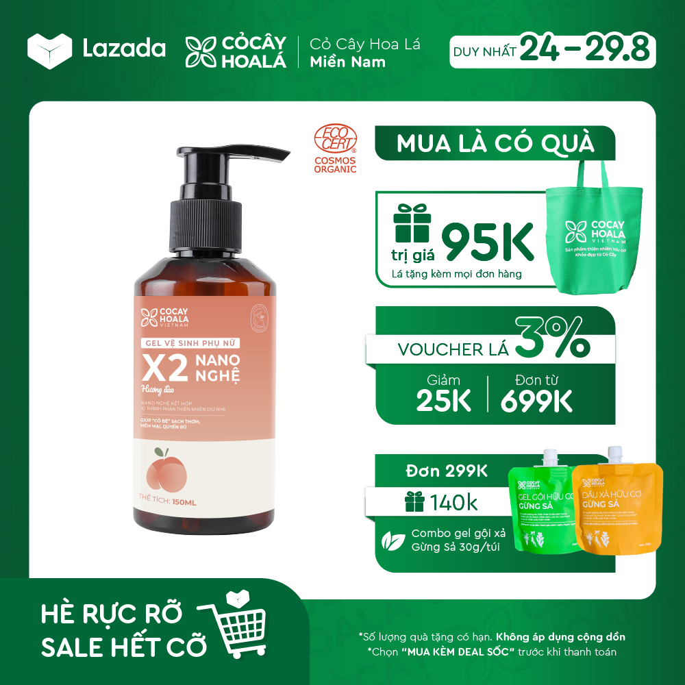 Dung dịch vệ sinh phụ nữ x2 nano nghệ hữu cơ hương đào chín Cỏ Cây Hoa Lá khử mùi, lưu hương, dưỡng ẩm, hồng mịn - 150ml