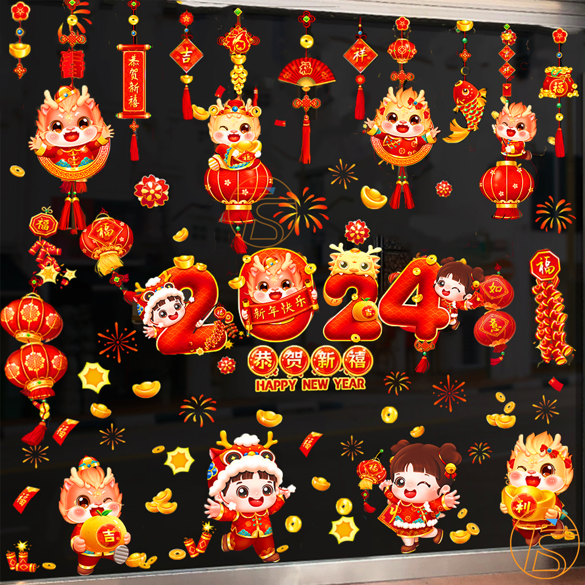 Decal trang trí tết 2024 hít tĩnh điện 2 mặt - Decal dán cửa kính dán tường - Phụ kiện trang trí nhà cửa nhiều mẫu hình happy new year chúc mừng năm mới