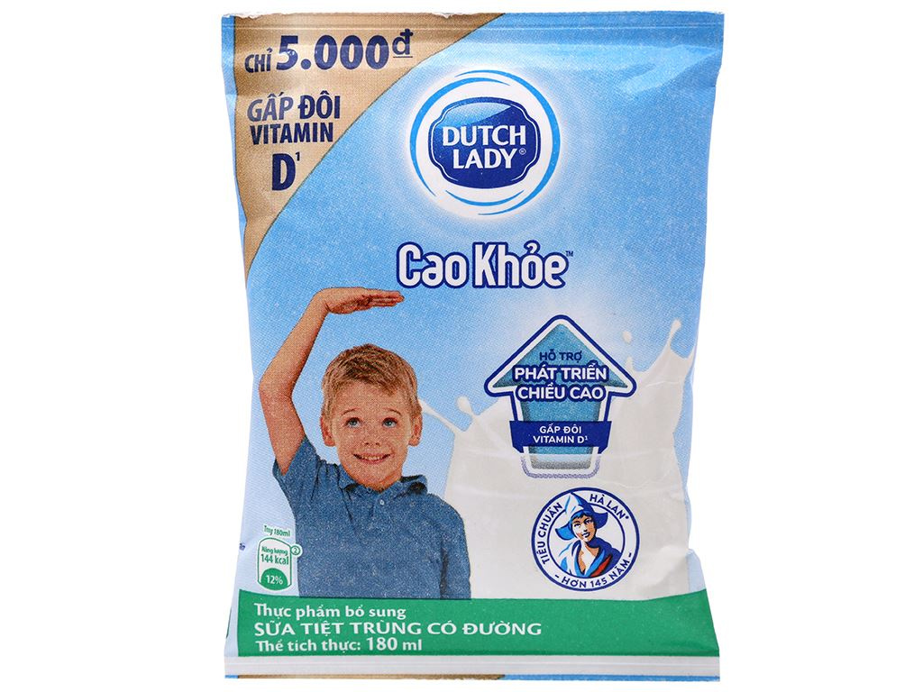 Sữa tiệt trùng có đường Dutch Lady Cao Khoẻ bịch 180ml