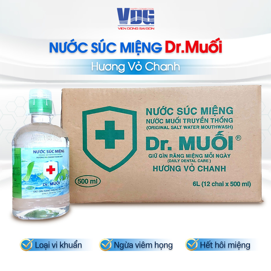 Nước súc miệng Dr. Muối hương vỏ chanh - 1 thùng 12 chai 500ml - Loại vi khuẩn, ngừa viêm họng, hết hôi miệng - Vien Dong Sai Gon