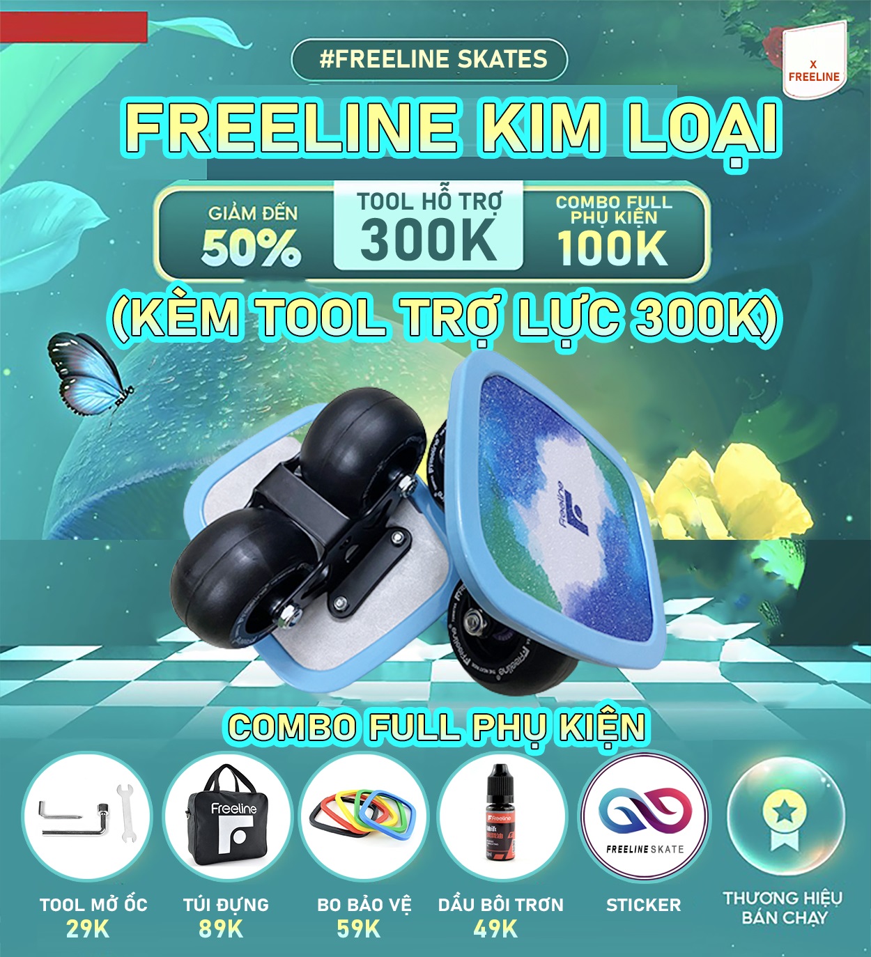 Ván trượt freeline kim loại thế hệ mới - khung h xanh hòa bình