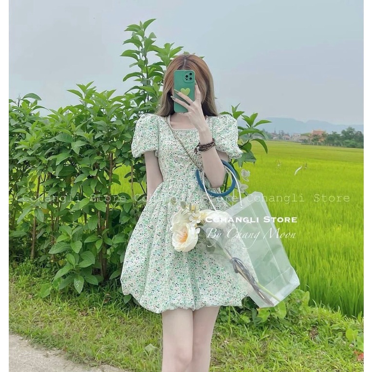 Váy babydoll đầm babydoll tay phồng cổ phối ren
