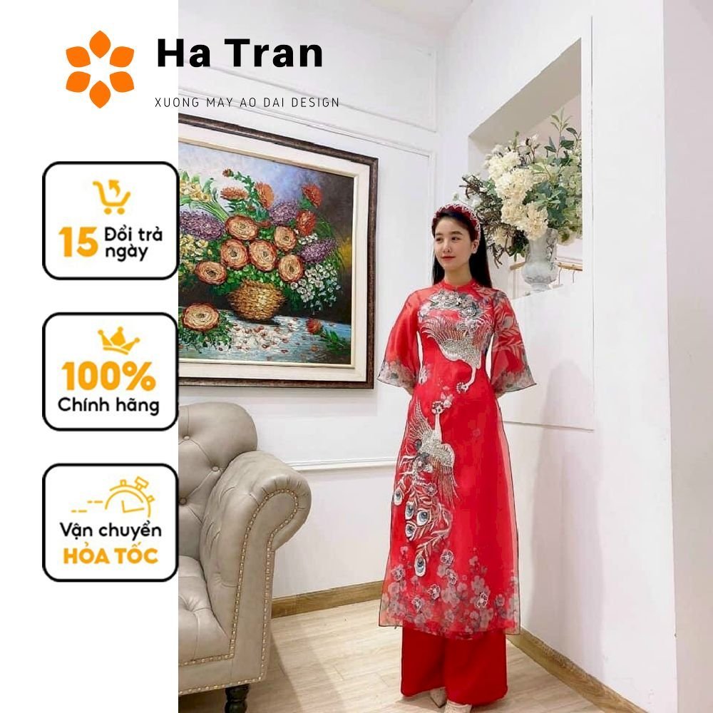 Áo dài tơ cách tân chim công màu đỏ đính kết hạt cao cấp AODAIANLAC