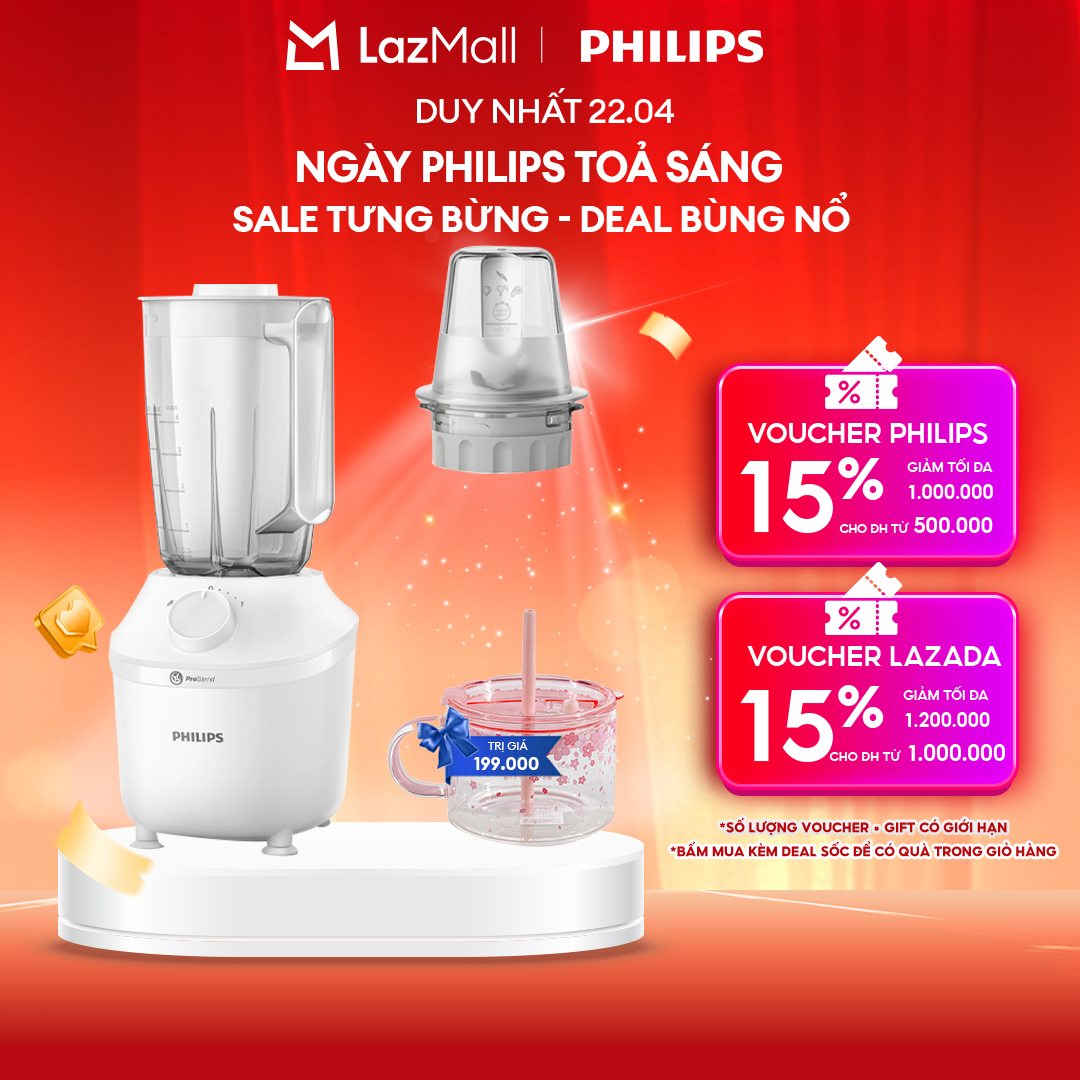 Máy Xay Sinh Tố Philips HR2041/10 450W Lưỡi Dao Xay Sắc Bén Có Thể Nghiền Đá-Xay Nhuyễn Mịn, Không Vón Cục Trong 45 Giây*-Hàng Phân Phối Chính Hãng