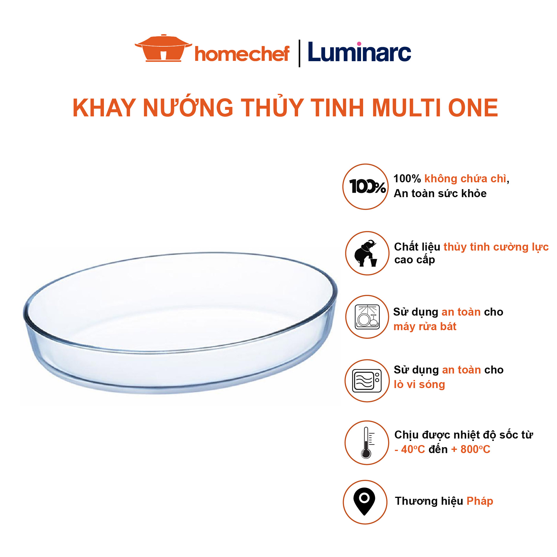 Khay nướng thủy tinh chịu nhiệt Luminarc Multi One hình Oval size 30x20cm, thủy tinh cường lực, dùng an toàn trong lò nướng, vi sóng và máy rửa bát - J1338