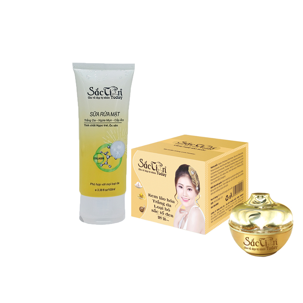 Bộ 1 sữa rửa mặt trắng da sạch mụn và 1 kem lão hóa trắng da loại bỏ sắc tố đen 15g Sắc Tiên Today