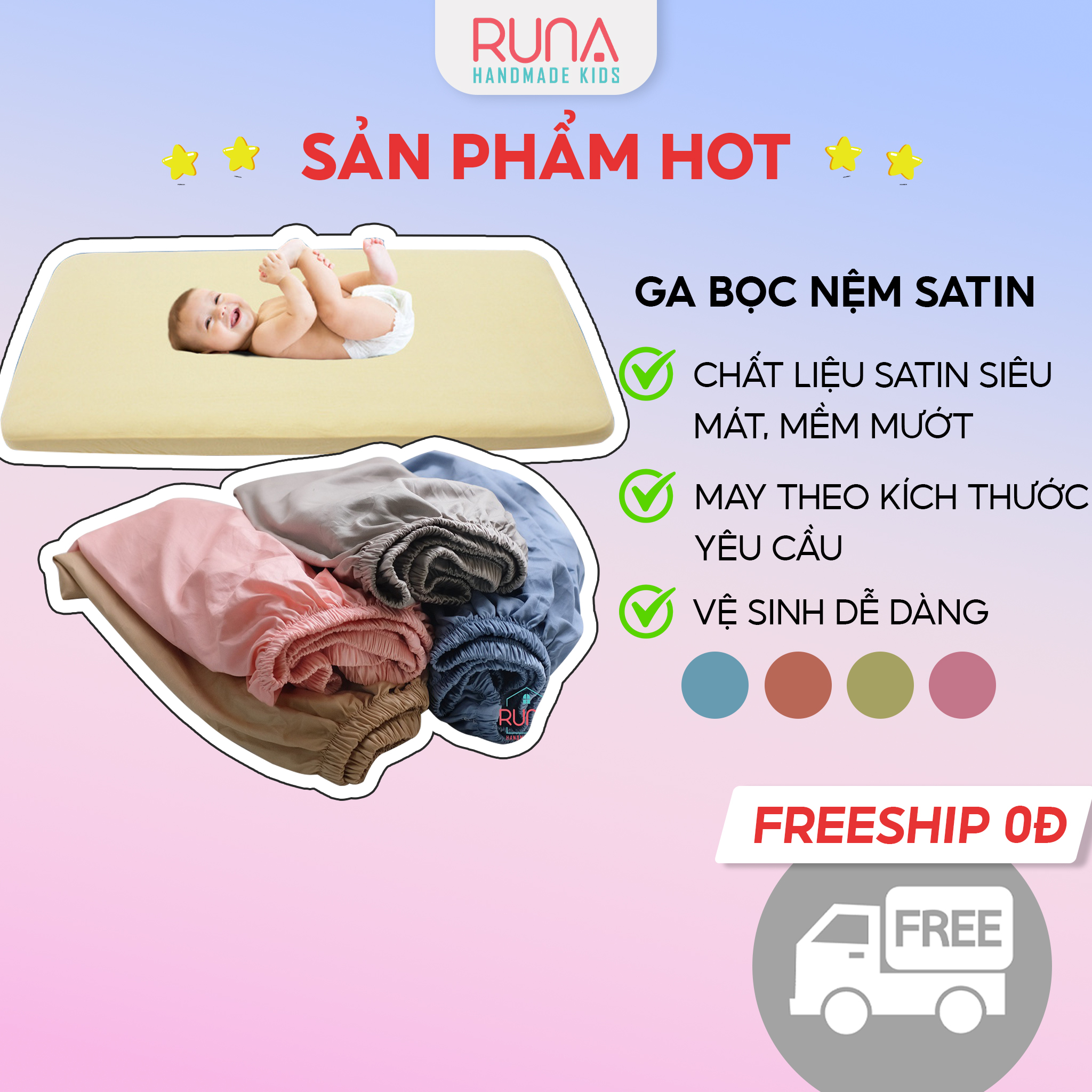 Ga chun bọc nệm cũi của bé RUNA KIDS chất liệu Satin cao cấp mềm mịn thoáng mát an toàn cho da bé kích thước 56x100cm