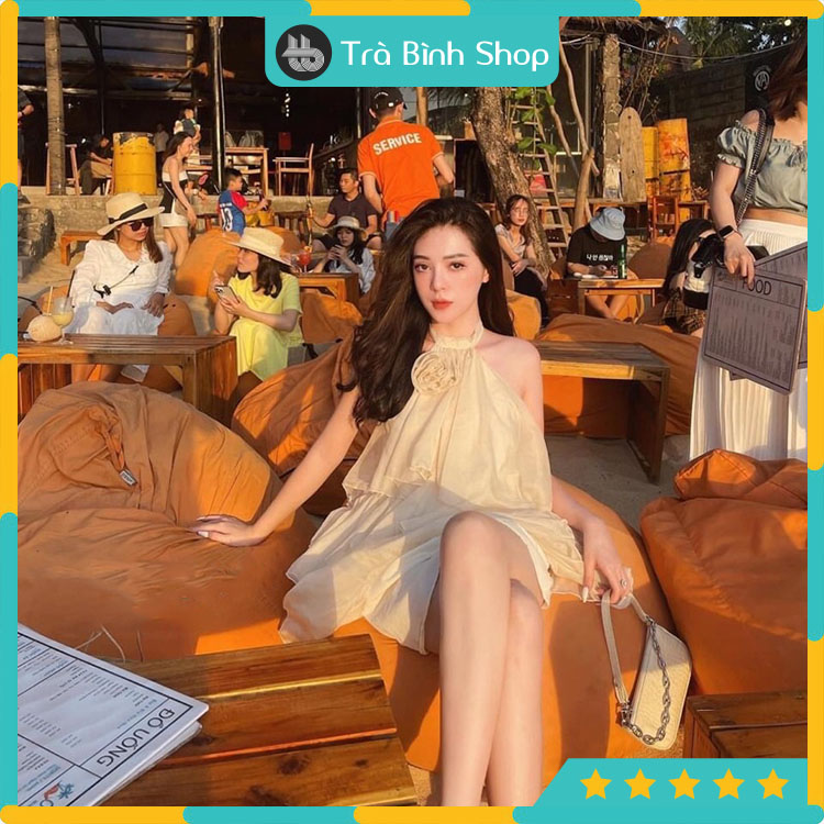 Đầm cổ yếm nữ cài hoa Váy tiểu thư xếp tầng đi biển