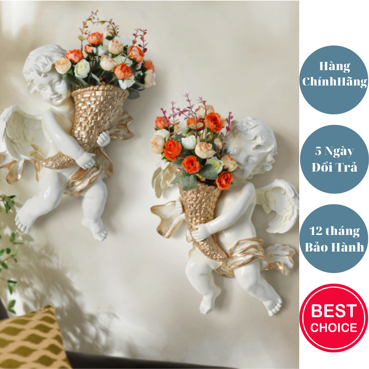 Tượng Thiên Thần ôm hoa treo tường siêu dễ thương, hàng cao cấp phong cách tân cổ điển, Tặng kèm hoa như hình, Mã T01