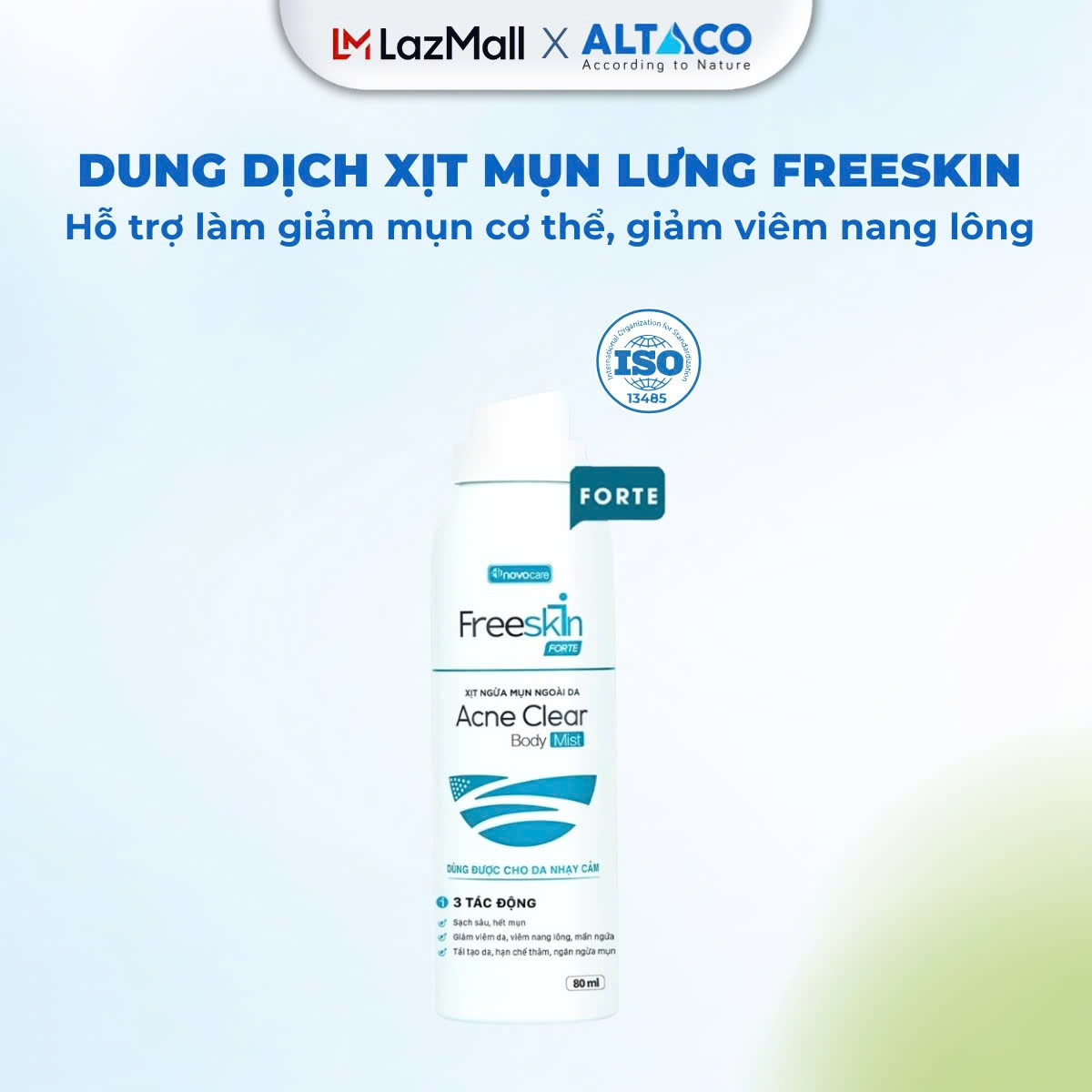  Xịt mụn lưng Freeskin - Hỗ trợ giảm mụn cơ thể mờ thâm giảm viêm nang lông dung tích 80ml Novocare 