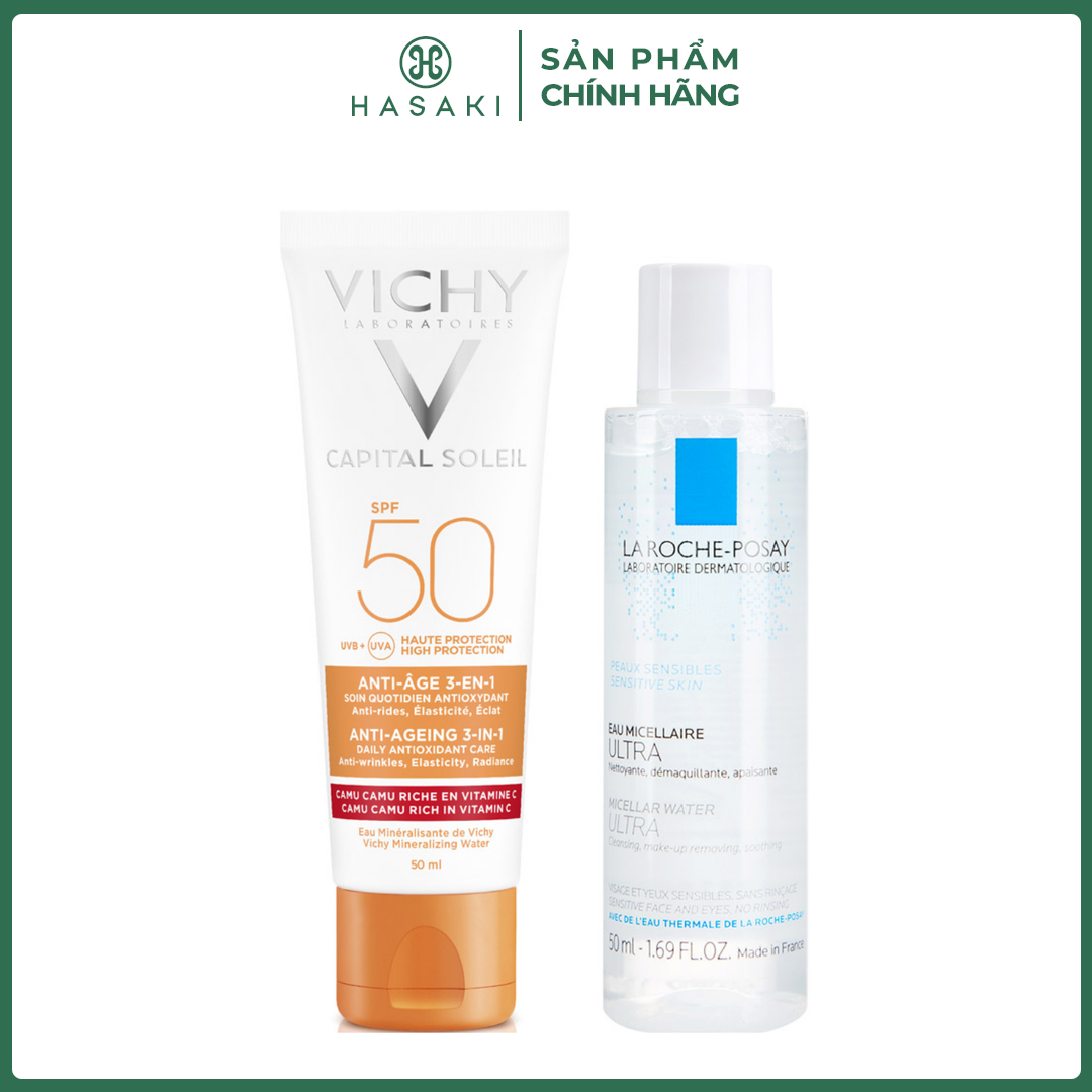  Combo Kem Chống Nắng Vichy Ngừa Lão Hóa SPF50 50ml + Nước Tẩy Trang La Roche Posay Da Nhạy Cảm 50ml Hasaki Sản Phẩm Chính Hãng 