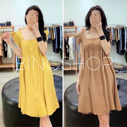 Váy 2 dây - đầm suông nữ 2 dây viền bèo cúc dọc Guuhouse vải đũi cao cấp