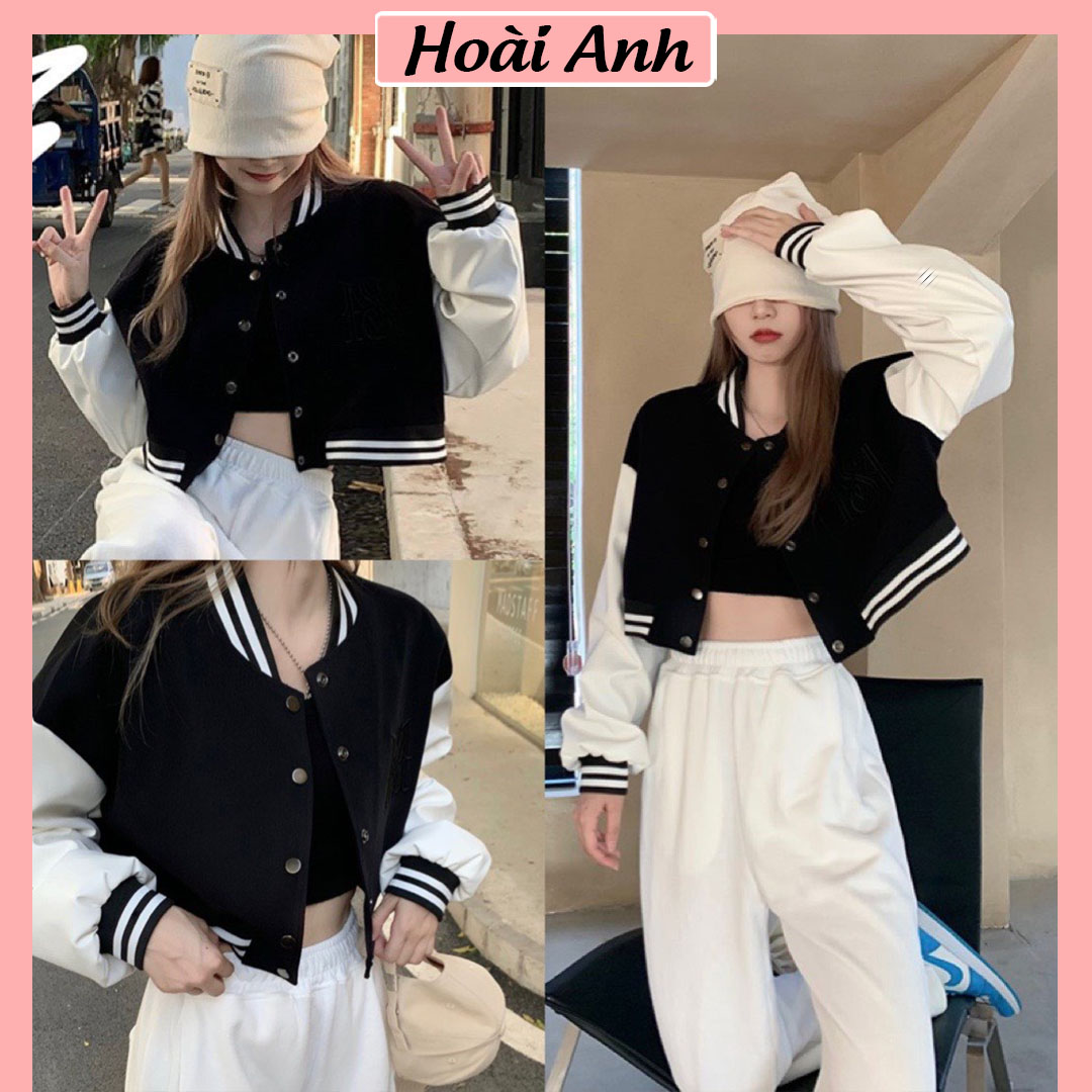 Áo bomber croptop nữ khuy bấm áo khoác nữ dáng ngắn dài tay chất nỉ bo chun cổ và gấu dệt freesize