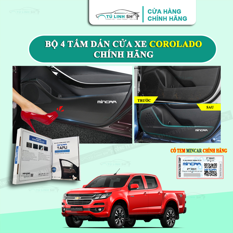 Bộ 4 Tấm dán Tapli xe COLORADO chính hãng MINCAR, chống xước tapi cửa ô tô bằng Carbon Air Fiber cao cấp
