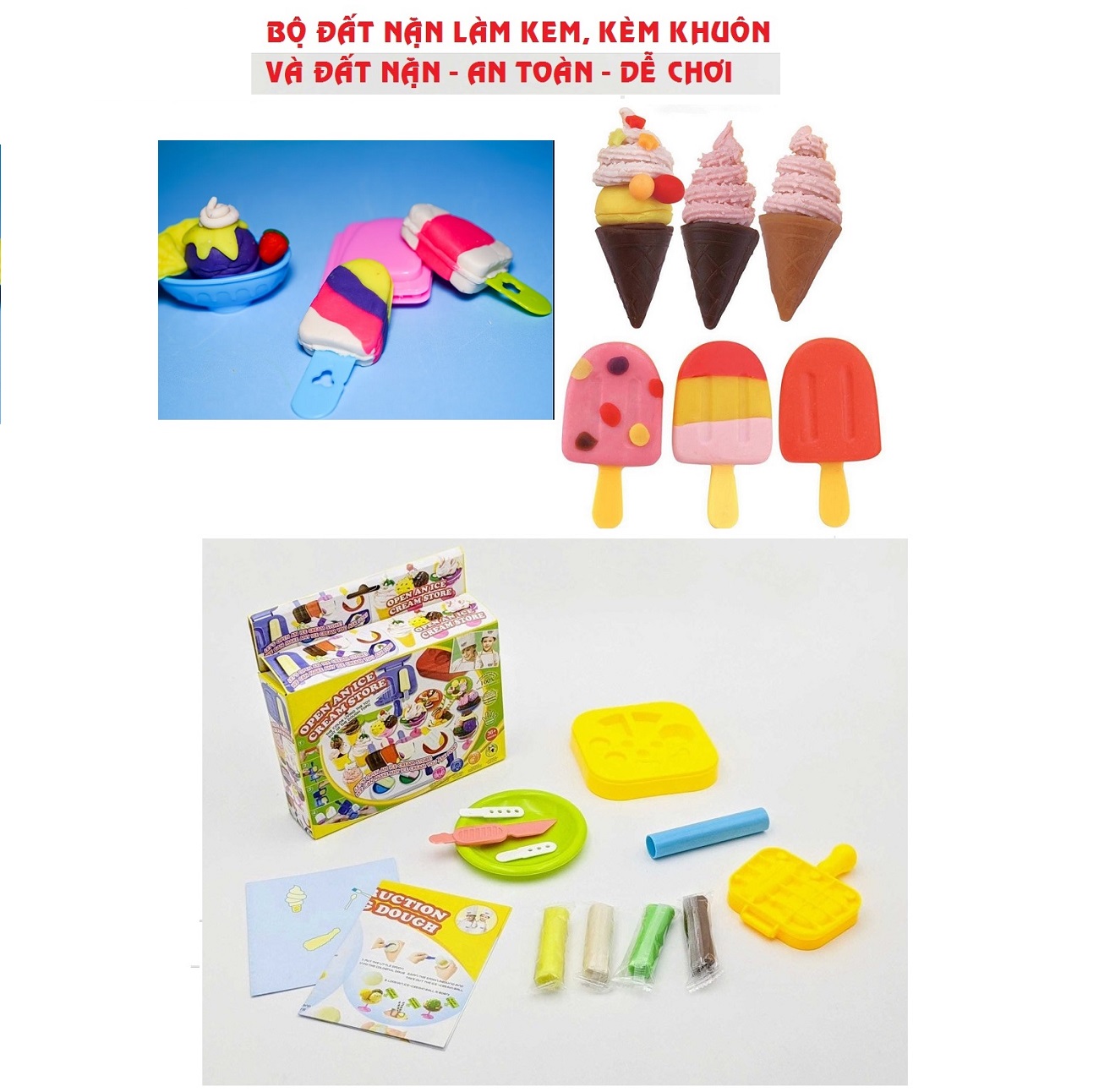 Đồ chơi đất sét nặn làm kem kèm khuôn và đất nặn an toàn hợp vệ sinh cho bé, đất nặn, đất sét tạo hình, đồ chơi giáo dục sáng tạo phát triển trí thông minh cho bé