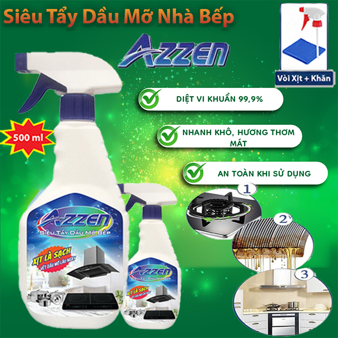 [Tặng Xịt + Khăn] Siêu Tẩy Dầu Mỡ Nhà Bếp AZZEN 500ml Công Nghê Châu Âu Tẩy Hút Mùi, Bếp Ga, Bếp Từ, Đáy xoong, Chảo