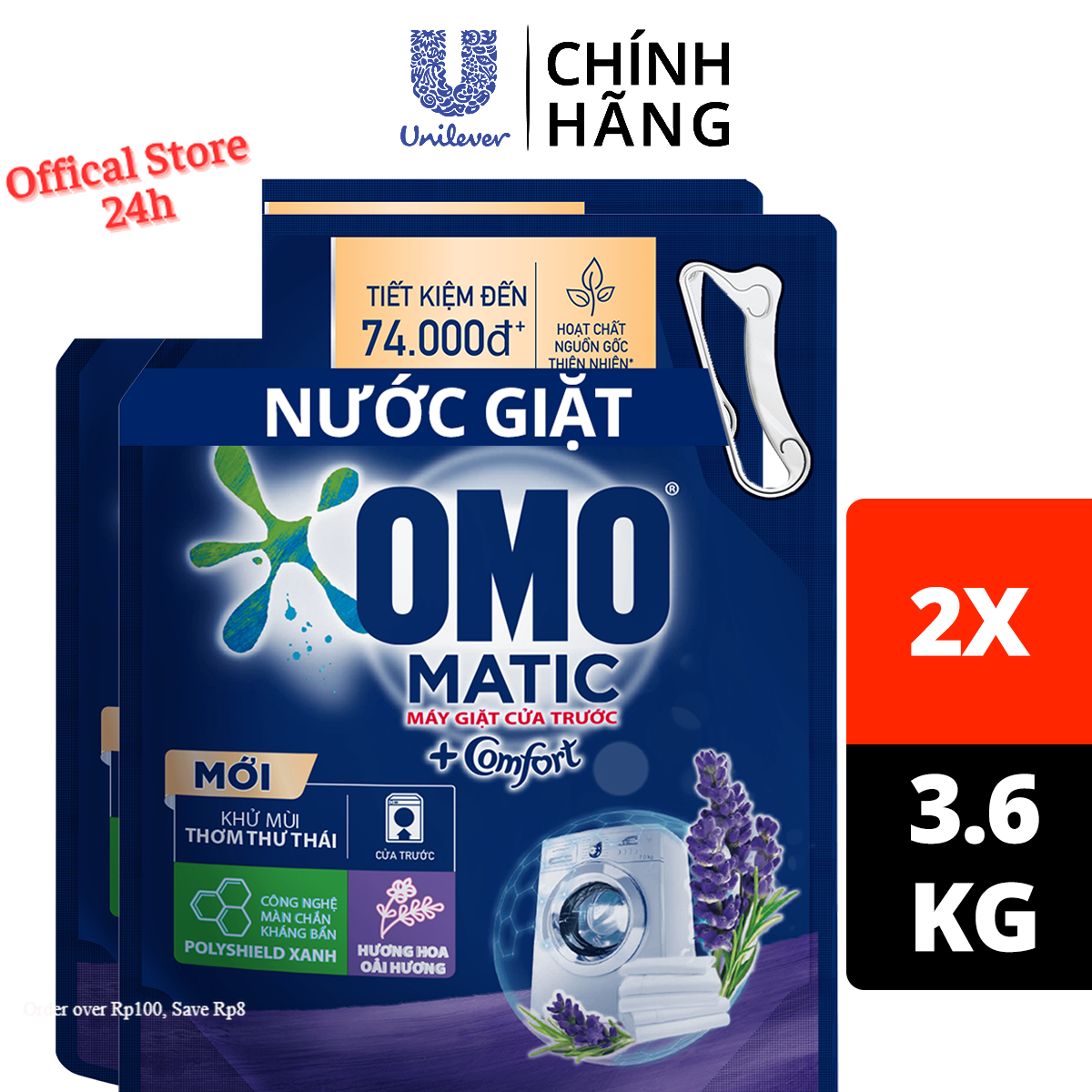 Combo 2 Túi Nước giặt OMO Matic chuyên dụng Cửa Trước Lavender Khử Mùi Thư Thái 3.6kg