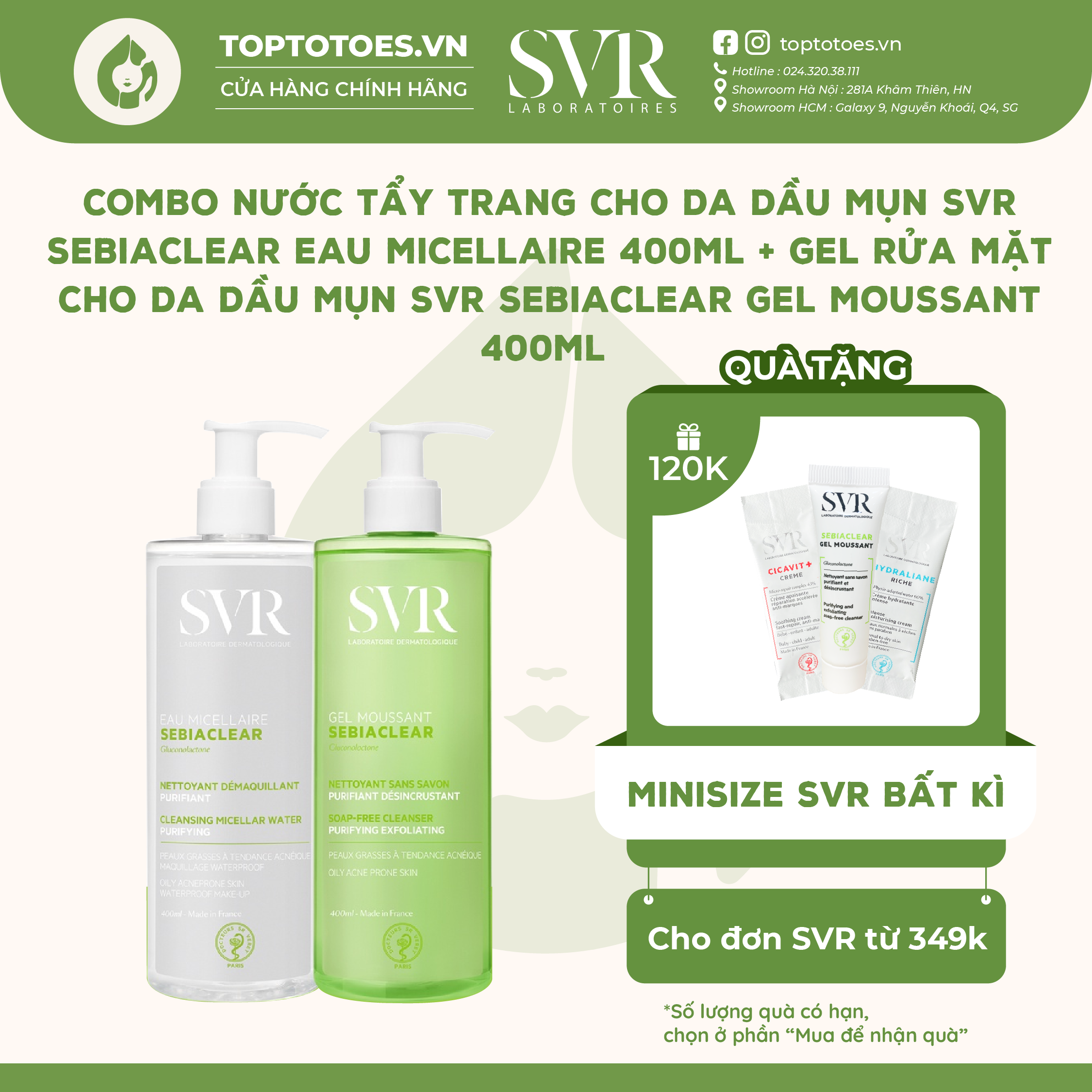 Combo sạch sâu cho da dầu mụn Tẩy trang SVR Sebiaclear Eau Micellaire và Gel rửa mặt SVR Sebiaclear Gel Moussant 400ml