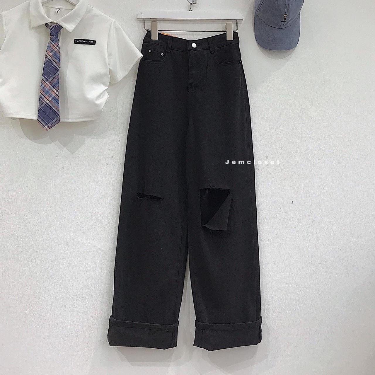 Baggy jeans đen ống suông rách pt dài 100cm