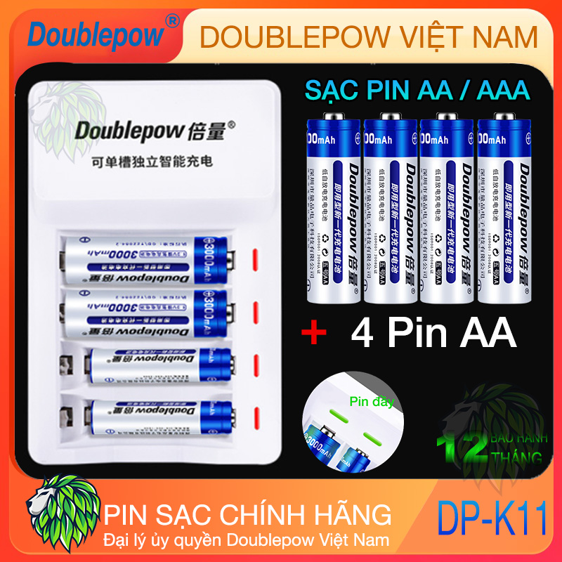 Bộ sạc pin AA/AAA Tự Ngắt + 4 pin AA 1200mah Doublepow (hàng chính hãng) Pin Sạc Micro Không Dây - Pin Đồ Chơi Điện Tử - Pin Tiểu Sạc Dung Lượng Cao - Pin Micro Loa Kẹo Kéo - Pin Chuột Không Dây