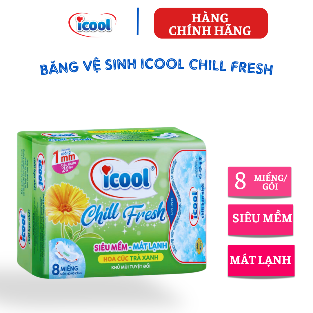{Hàng chính hãng} Băng Vệ Sinh ICOOL CHILL FRESH, BVS ban ngày 24cm, có cánh, MẶT VẢI  mềm mại, BẠC HÀ MÁT LẠNH