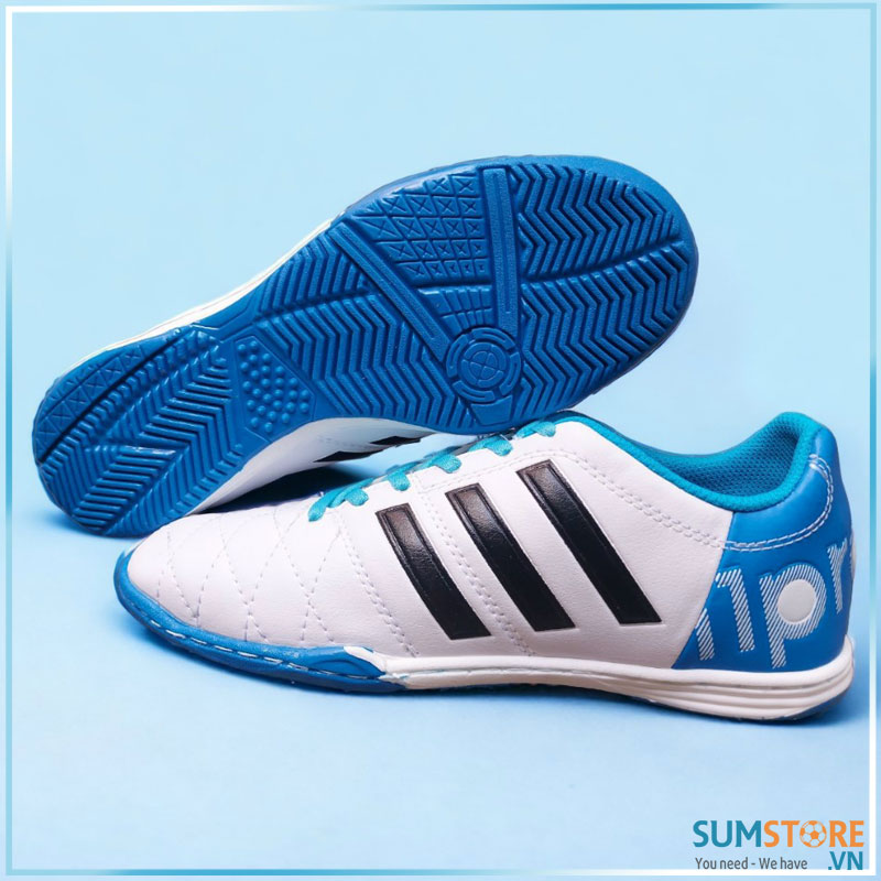 GIÀY ĐÁ BÓNG FUTSAL TRẺ EM TÔ NI TRẮNG XANH ĐẾ IC ĐÃ MAY TOÀN BỘ
