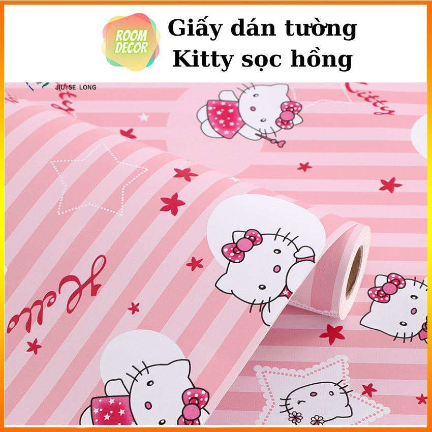 Decal giấy dán tường kitty sọc hồng có sẵn keo giá bán 1mx45cm, Giấy dán tường màu hồng mèo Kitty - ROOM DECOR