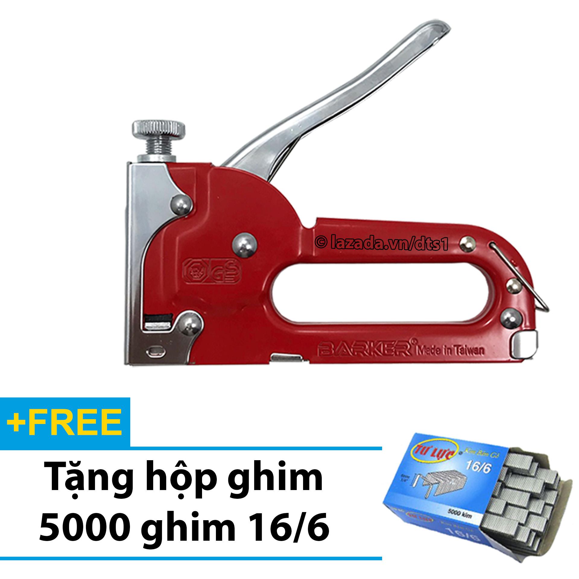 Súng bắn ghim - Kìm bấm đinh gỗ BARKER cầm tay có tăng lực đa năng, tiện dụng - Tặng hộp 5000 ghim 16/6 (Đỏ)