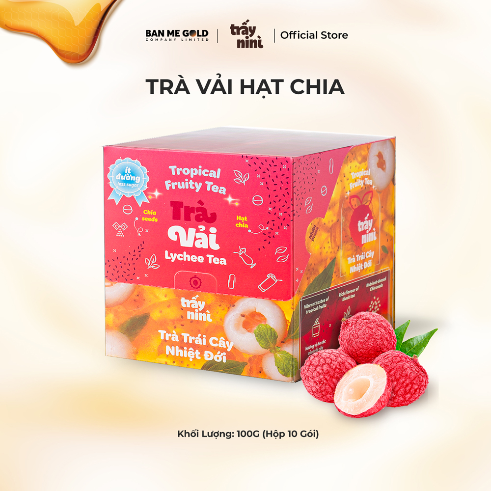 TRÀ VẢI HẠT CHIA THANH NHIỆT - HỘP 100G (10 GÓI) - TRÀ TRÁI CÂY NHIỆT ĐỚI DETOX ÍT ĐƯỜNG BAN ME GOLD - TRẤY NINÌ