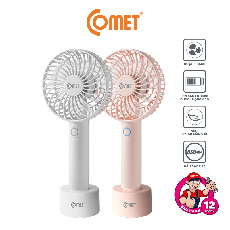 Quạt sạc Cầm Tay mini Comet CRF1004 2 màu hồng trắng Cổng sạc bằng đầu USB pin Lithium 3 cấp độ gió