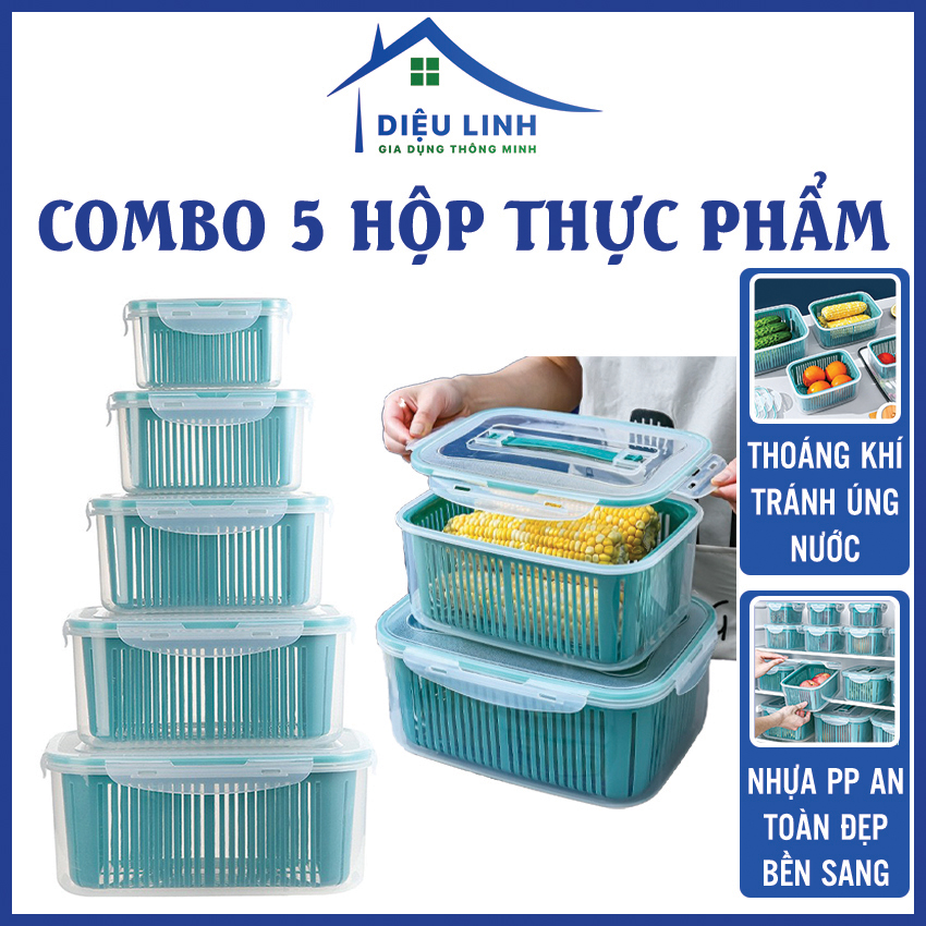 Hộp Nhựa Đựng Thực Phẩm, Set 5 Hộp Bảo Quản Tủ Lạnh Đa Năng Có Nắp Đậy, Thông Minh, Cao Cấp - Bộ 5 Hộp Rổ Đựng Rau Quả Để Tủ Lạnh.Dieulinhshop